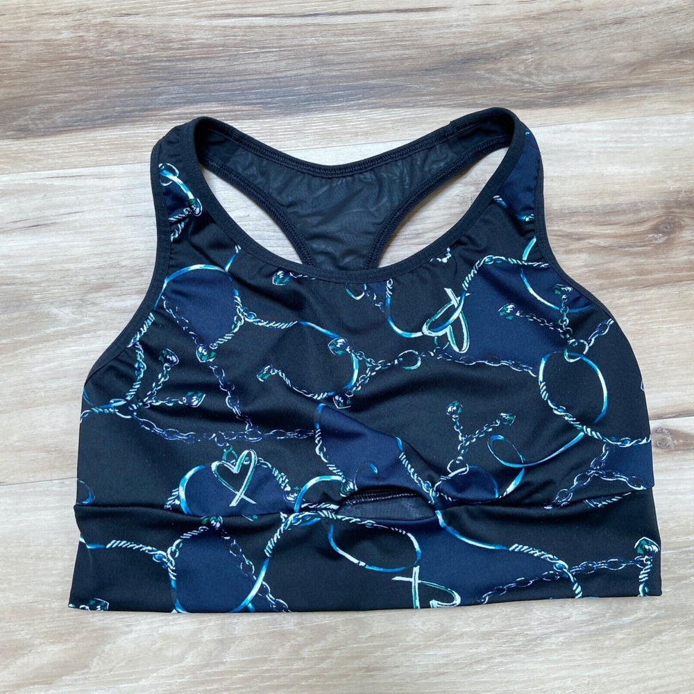 Victoria Sport Sports Bra Small Chain Heart Print Polyester Racerback Black Blue